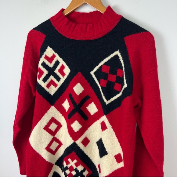 David Jones 100% Lambswool Knit Sweater Jumper Red Argyle Vintage Style L/XL - Picture 7 of 12